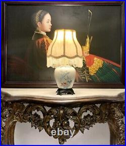 Lamp Porcelain with Bird Design on Base with Lamp Shade Vintage Oriental Decor