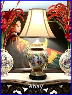 Lamp Rose Medallion Design Vintage Porcelain Oriental Table Lighting Decor