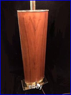 Large 39 Vintage MCM Mid Century Modern Danish Wood Plank & Brass Table Lamp