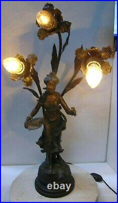 Large Antique Art Nouveau Figural Woman Newel Post Table Lamp L Delavigne France