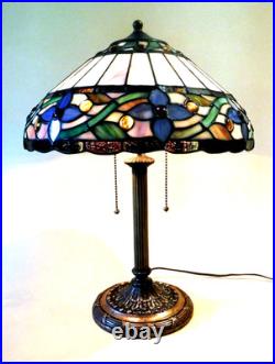 Large Antique Arts Crafts Handel Era Stain Leaded Glass Brass Lamp, 1910