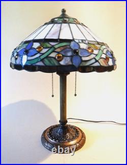 Large Antique Arts Crafts Handel Era Stain Leaded Glass Brass Lamp, 1910