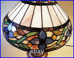 Large Antique Arts Crafts Handel Era Stain Leaded Glass Brass Lamp, 1910