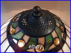 Large Antique Arts Crafts Handel Era Stain Leaded Glass Brass Lamp, 1910