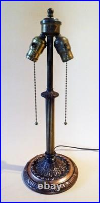 Large Antique Arts Crafts Handel Era Stain Leaded Glass Brass Lamp, 1910
