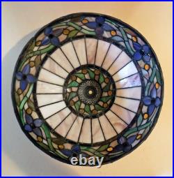 Large Antique Arts Crafts Handel Era Stain Leaded Glass Brass Lamp, 1910