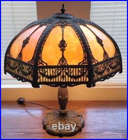 Large Antique Slag Glass Panel Lamp Empire Chicago Caramel & Multi Color
