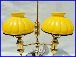 Large Antique/Vtg Yellow Cased Ribbed Glass Brass Double Student Desk Table Lamp