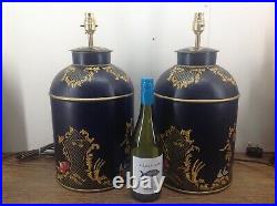 Large Pair Of Toleware Tea Caddy Chinese Black Monk Table Lamps