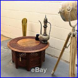 Large Round Coffee Table Brown Solid Wooden Hand Carved Indian Side Lamp Vintage