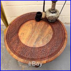 Large Round Coffee Table Brown Solid Wooden Hand Carved Indian Side Lamp Vintage