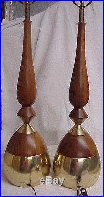 Lrg. Matched Pair (2) Vintage MID Century Modern Teak Wood And Brass Table Lamps
