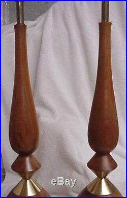Lrg. Matched Pair (2) Vintage MID Century Modern Teak Wood And Brass Table Lamps