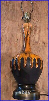 MCM Mid Century Orange Black Drip Glaze Ceramic Table Lamp 21 3 Way Switch Boho