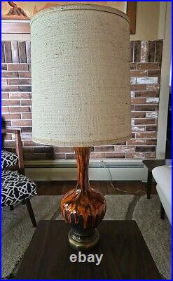 MCM Mid Century Orange Black Drip Glaze Ceramic Table Lamp 21 3 Way Switch Boho