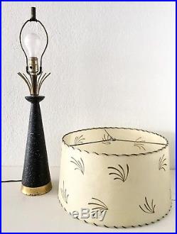 MCM Table Lamp Ceramic Black White Speckled Brass Vtg Sputnik Fiberglass Shade