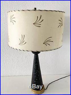 MCM Table Lamp Ceramic Black White Speckled Brass Vtg Sputnik Fiberglass Shade
