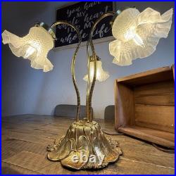 MCM Vtg Lily Pad Table Lamp Triple Flower Gooseneck Ruffled Hobnail Glass Shades