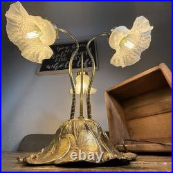 MCM Vtg Lily Pad Table Lamp Triple Flower Gooseneck Ruffled Hobnail Glass Shades