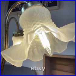 MCM Vtg Lily Pad Table Lamp Triple Flower Gooseneck Ruffled Hobnail Glass Shades