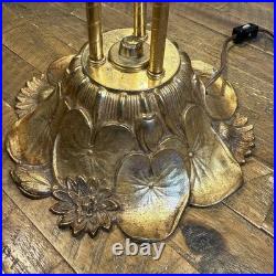 MCM Vtg Lily Pad Table Lamp Triple Flower Gooseneck Ruffled Hobnail Glass Shades