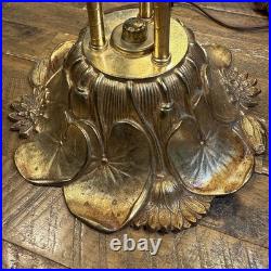 MCM Vtg Lily Pad Table Lamp Triple Flower Gooseneck Ruffled Hobnail Glass Shades