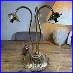 MCM Vtg Lily Pad Table Lamp Triple Flower Gooseneck Ruffled Hobnail Glass Shades