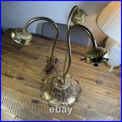 MCM Vtg Lily Pad Table Lamp Triple Flower Gooseneck Ruffled Hobnail Glass Shades