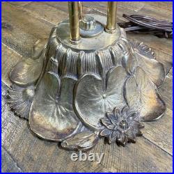 MCM Vtg Lily Pad Table Lamp Triple Flower Gooseneck Ruffled Hobnail Glass Shades