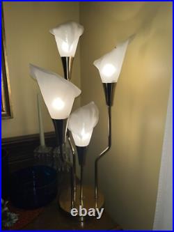 MCM White Calla Lily Brass Table Lamp 3-Way 32 Tall Hollywood Regency Vintage