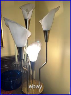 MCM White Calla Lily Brass Table Lamp 3-Way 32 Tall Hollywood Regency Vintage