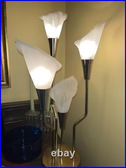 MCM White Calla Lily Brass Table Lamp 3-Way 32 Tall Hollywood Regency Vintage