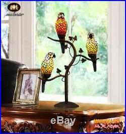 Makenier Vintage Tiffany Style Stained Glass 3-light Parrot Table Lamp