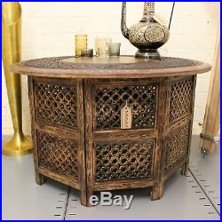 Matanga Large Round Coffee Table Brown Solid Wooden Indian Side Lamp Vintage