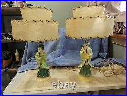 Matching Pair Vintage Mid Century Modern Asian Oriental Table Lamps with Shades