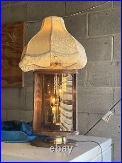 Mid Century Don Ward Etched Amber Glass Panel Wood & Brass Table Lamp Vintage
