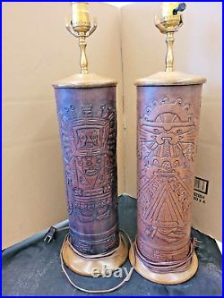 Mid-Century Modern Aztec Motif Hand Tooled Leather Table Lamps
