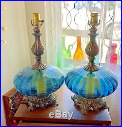 Mid Century Modern Cobalt Blue Optic Glass Saucer Table Lamp Atomic Vintage Pair