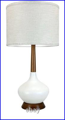 Mid Century Modern White Porcelain & Teak Genie Table Lamp 1960s Wood Vintage