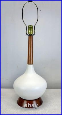 Mid Century Modern White Porcelain & Teak Genie Table Lamp 1960s Wood Vintage