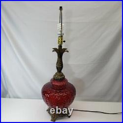 Mid Century Spanish Gothic Red Art Glass Lamp Original Vtg Red Velvet Shade