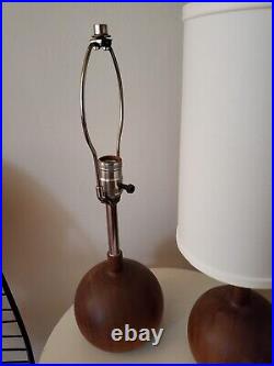 Mid Century Teak Scandinavian Bottle/Onion Vintage Lamp Pair, Shades, Solid Wood
