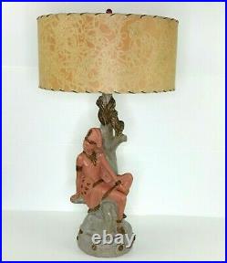 Mid Century Warrior Prince Chalkware Lamp Fiberglass Shade Pink Gray Vtg RARE