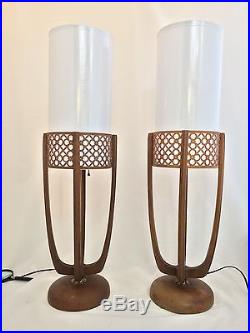 Modeline Dramatic Pair Mid Century MCM Table Lamps Teak Vintage Retro