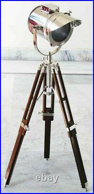 Nautical Spotlight Table Lamp Searchlight Chrome With Wooden Tripod Home Decor