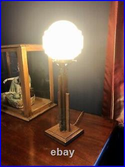 ORIGINAL 1930s ART DECO TABLE DESK LAMP OAK STEM ACORN GLOBE GLASS SHADE