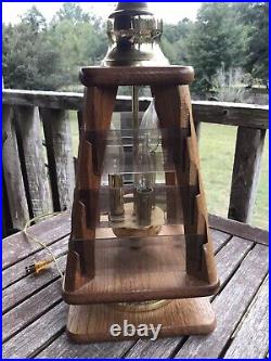 Oak Wood Lamp Smoked Glass Gold Metal Retro Table Terrace Style MCM Vintage
