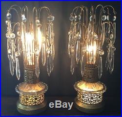 Old Vtg Antique Brass Glass Crystal Prism Waterfall Lamp Light Bulb Decor Pair