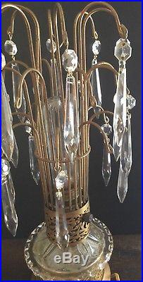 Old Vtg Antique Brass Glass Crystal Prism Waterfall Lamp Light Bulb Decor Pair
