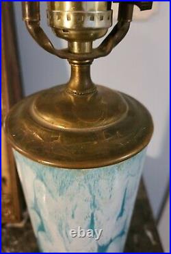 Old Vtg Drip Glaze Lamp Ceramic Brass Turquoise Blue White Mid Century Modern